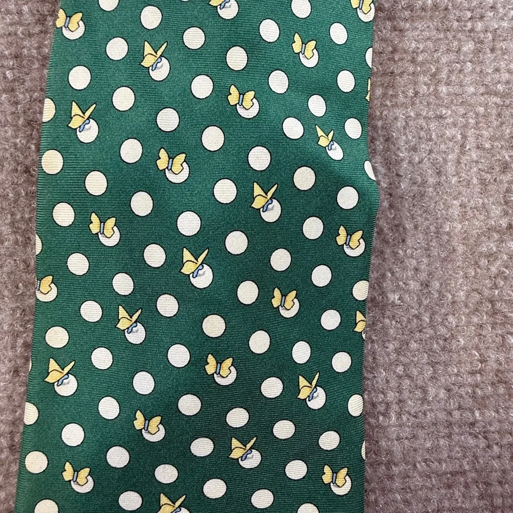 VTG Michelsons of London Mens Silk Tie Green Polka Dot Butterfly Made in England